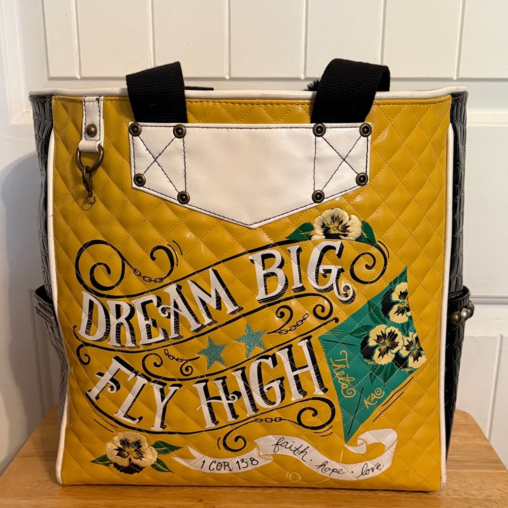 Quilted Yellow 'Dream Big Fly High' Graphic Tote
